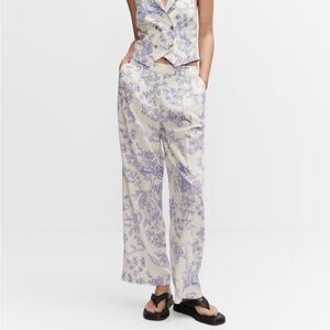 NWT linen wide leg pants with blue block print size 6 mango